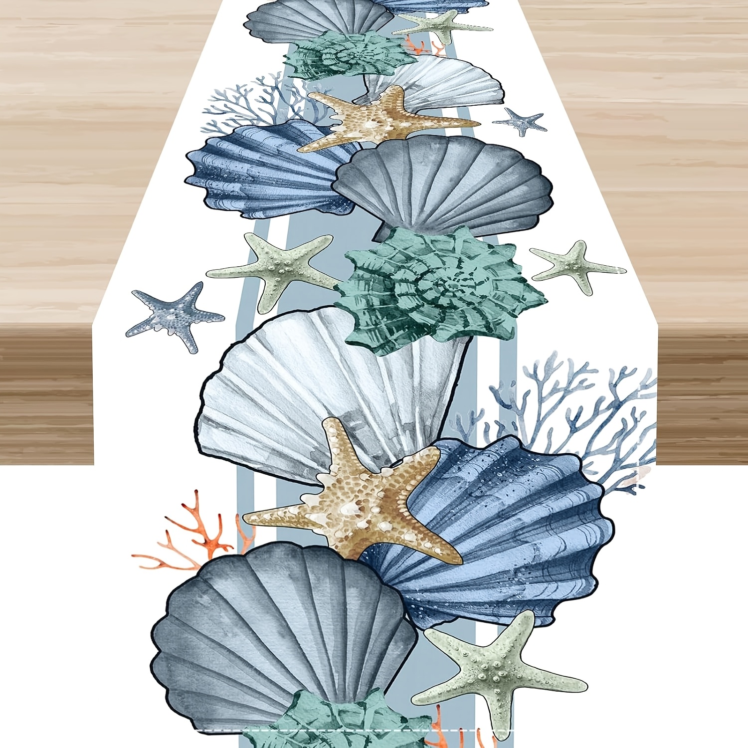 TEMU Coastal Polyester Table Runner, 13x72 Inches, Nautical Starfish Design, Woven Rectangular Dining Decor For Rustic Farmhouse, Indoor & Outdoor Summer Party, Beach Ocean Theme