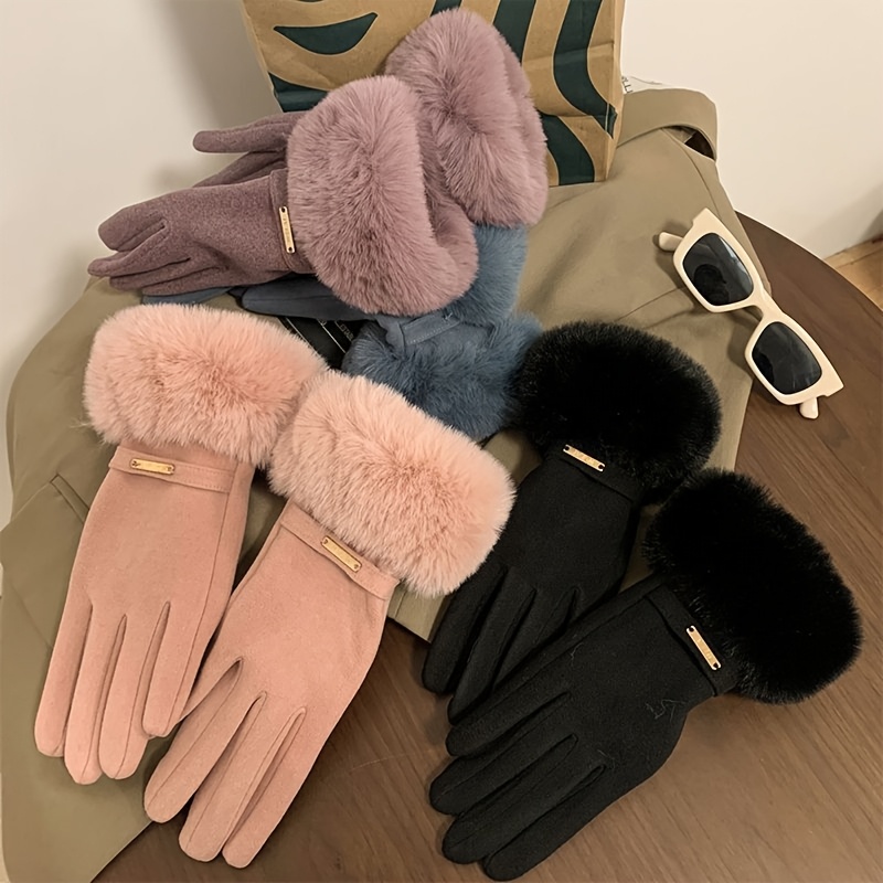 Light Luxury Metal Label Plush Faux Warm Gloves