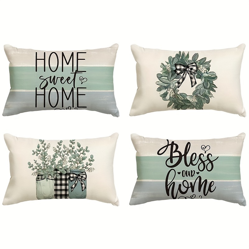 

4pcs, Home Sweet Home Eucalyptus Lamb Ear Wreath Throw Pillow Covers Bless Our Home Buffalo Plaid Cushion Case For Sofa Couch 12inch X 20inch (cushion Is Not Included)