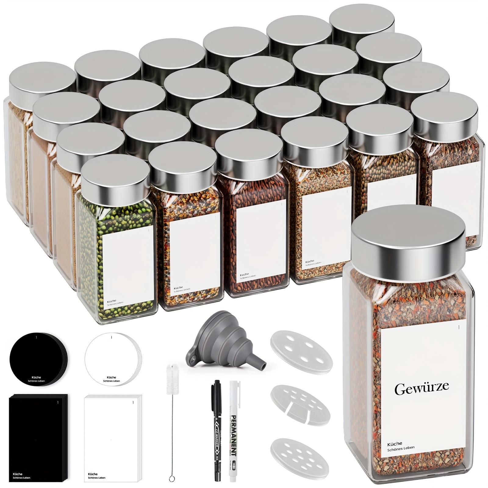TEMU Miorkly Square Spice Jar With Applicator Insert, 120ml Spice Jar With Stainless Steel Lid, Set Of 24 Spice Jars, Spice Shaker With Applicator