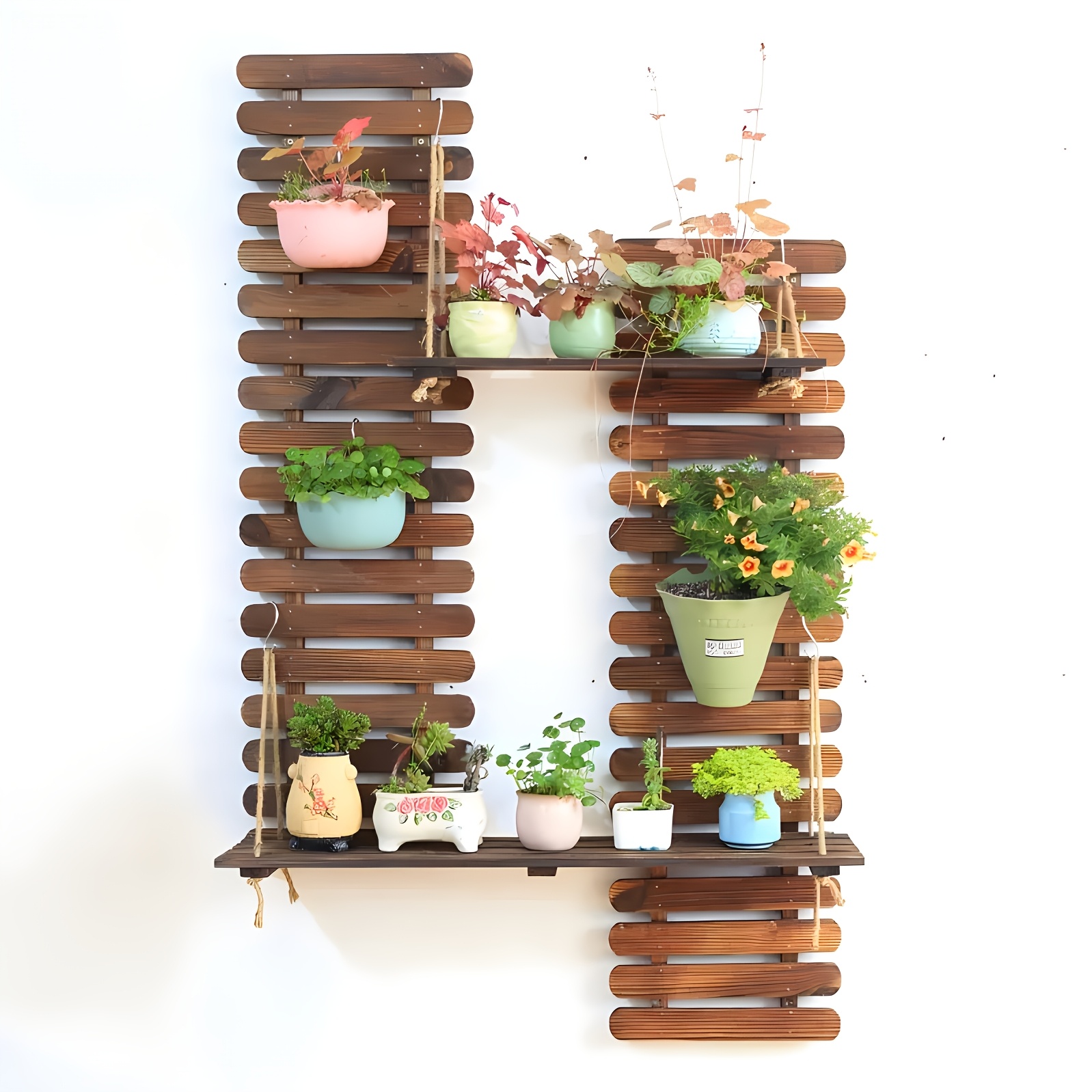 

Vintage Wooden Wall Planter Shelves - Indoor/outdoor Hanging Rack, Square Shape With Multiple Components For Greenery Display