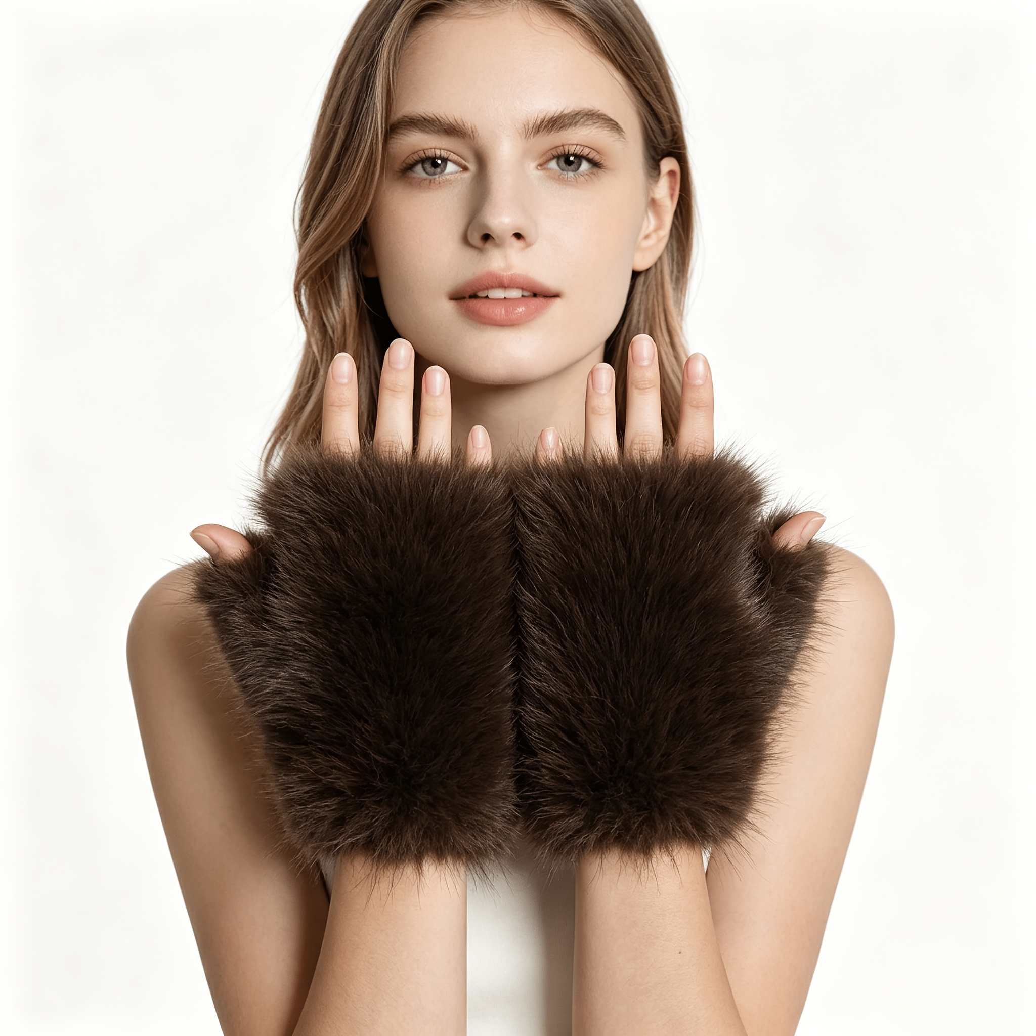 TEMU Winter Ladies Fluffy Fox Half Finger Gloves, Double-sided Design Warm Fingerless Mittens, Women Cold Weather Additions