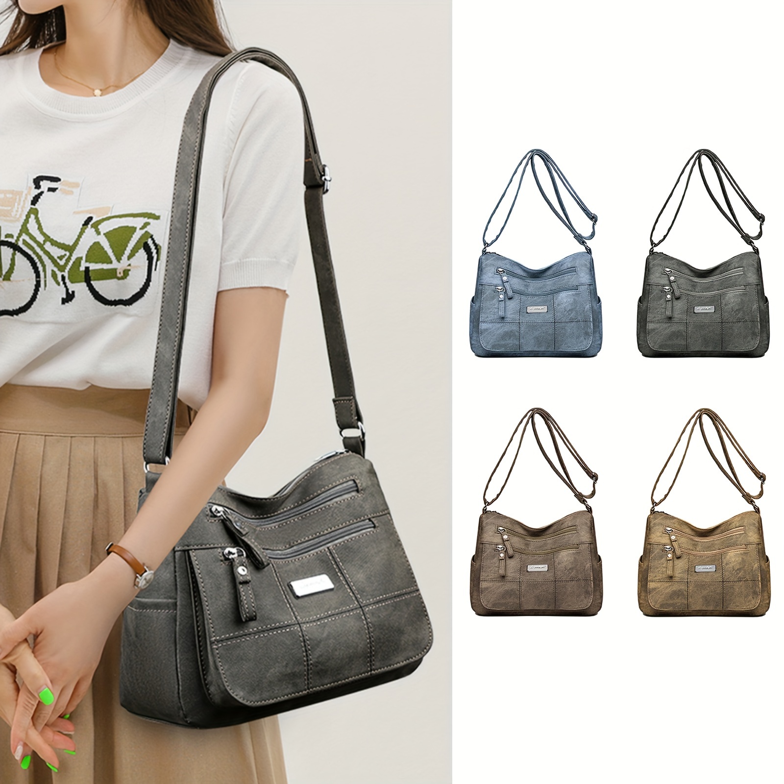 

Fashion Washed Denim Color Shoulder Bag, Faux Leather, Elegant Large Capacity Purse With Multiple Pockets, Trendy Crossbody Bag