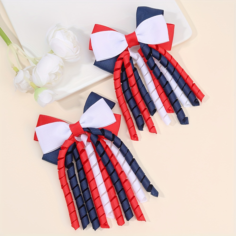 TEMU 2pcs Multicolor Curly Tassel Bow Barrettes With Grosgrain Ribbon & Non-woven Polyester Bows - Multicolor Hair Clips Suitable For,, Braids, Ponytails, Buns - Spring Summer Hairstyle