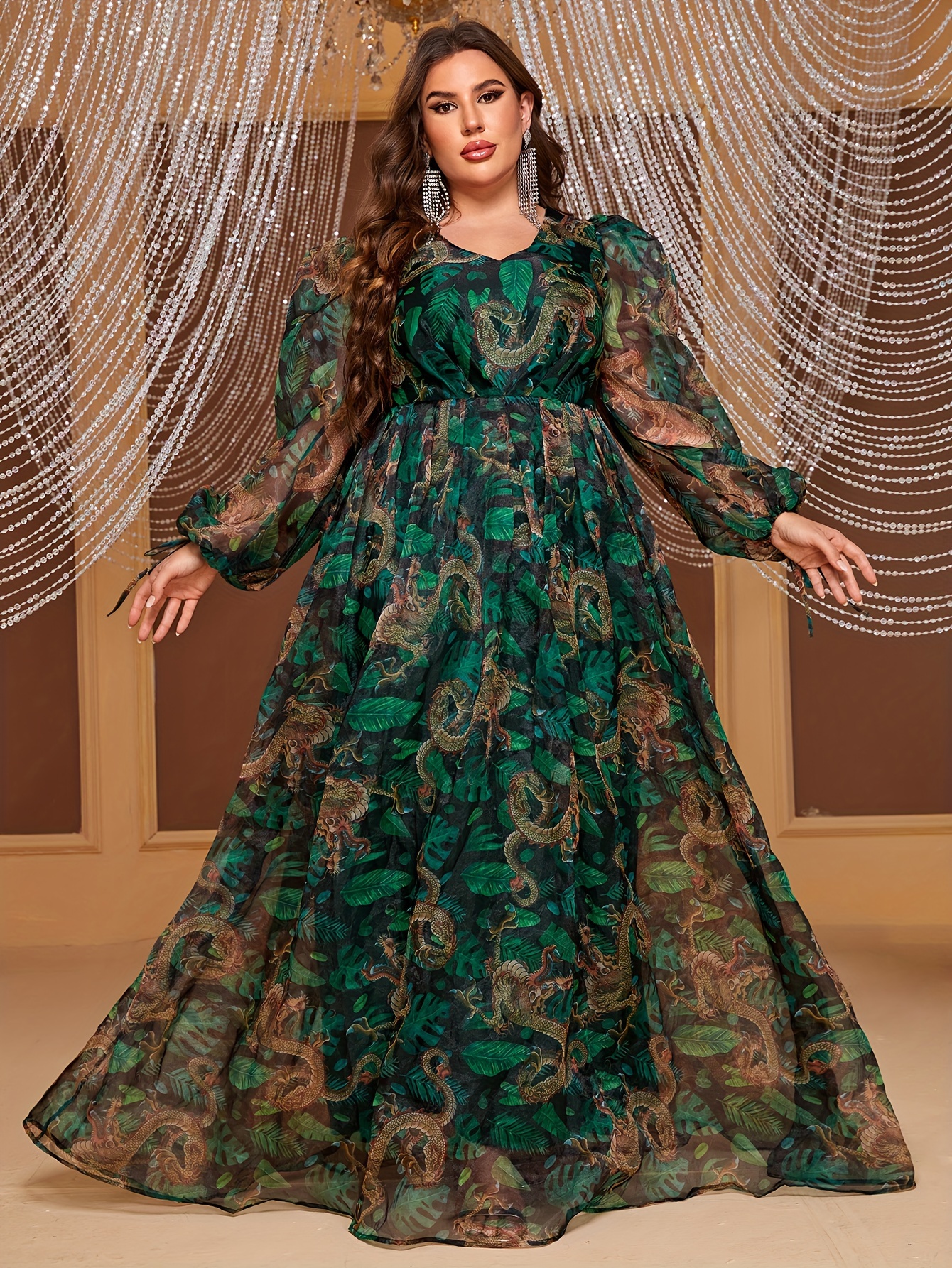 Plus Size Pattern Cinched Waist Dress Elegant V Neck Puff Temu Australia