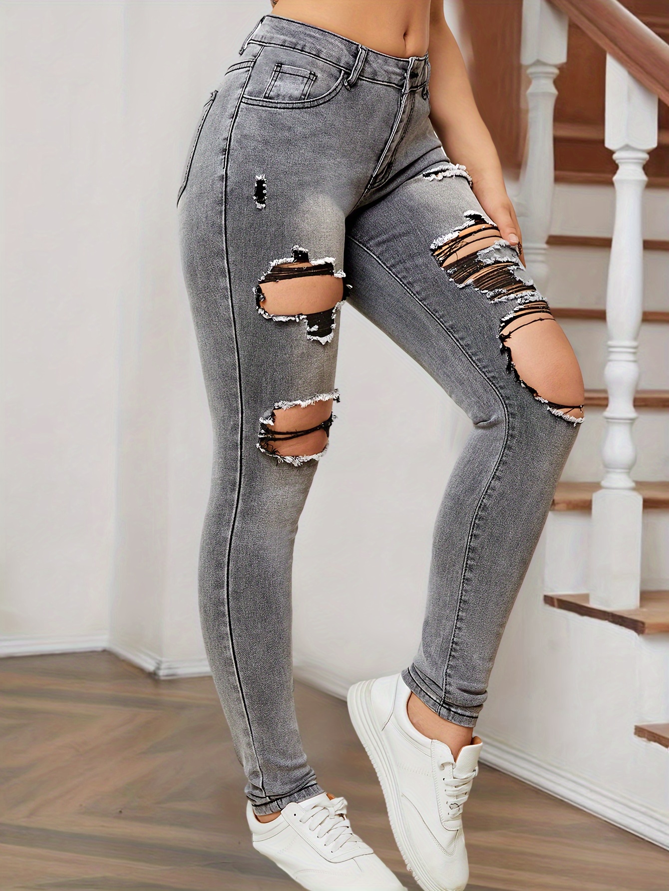 Ripped Holes Washed Skinny Jeans, Slim Fit High Stretch Distressed