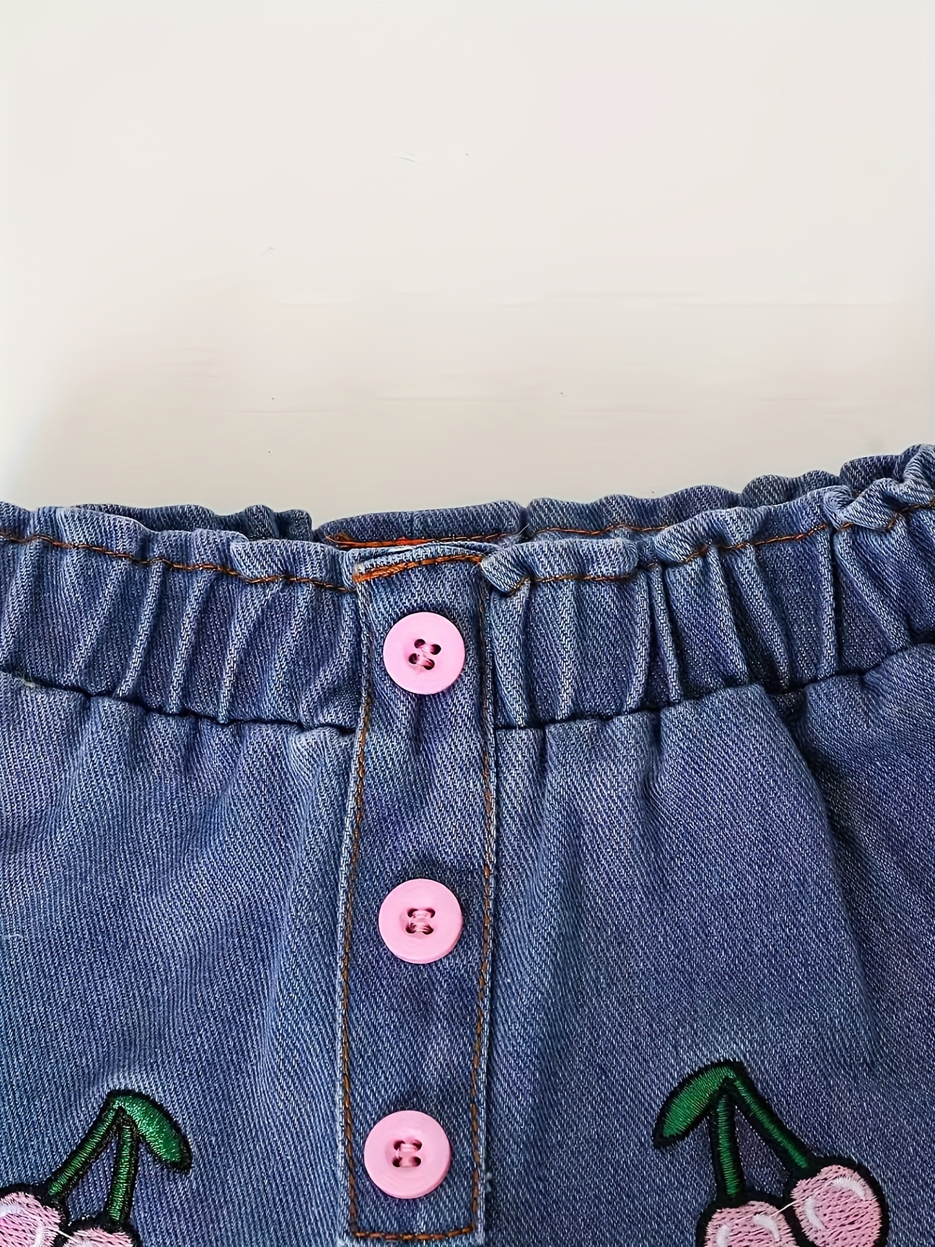 spring and autumn casual sweet and   for baby girls a pink waffle collar faux two piece top   with cherry embroidered straight leg elastic waist faux denim set   everyday   and play for outdoor Product details 2