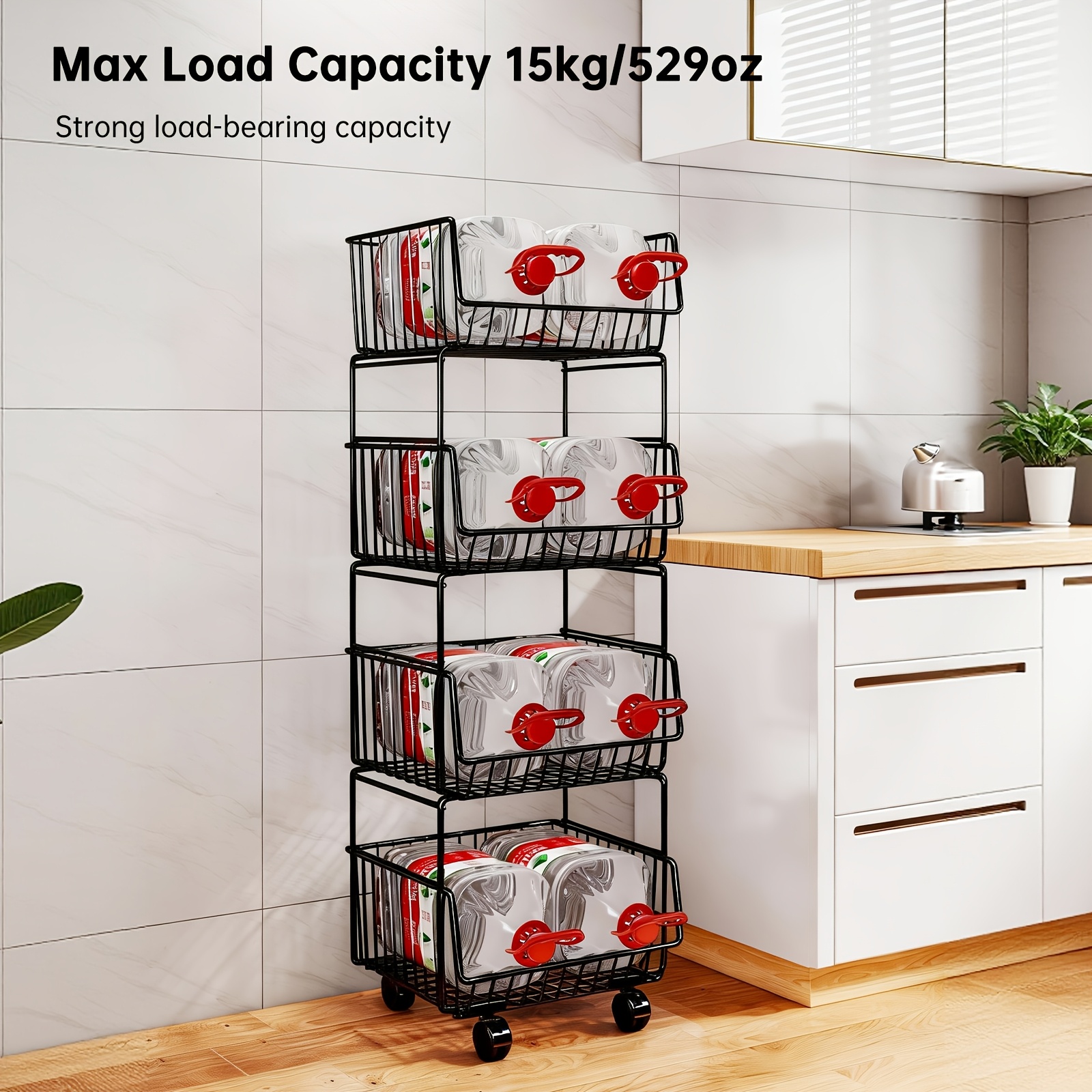 Four-Tier Elevated Stackable Basket Cart for Kitchen Supplies