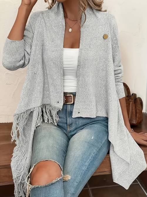 photo de l'article Vêtement en tricot pour femme #Cardigan à franges #Veste à ourlet asymétrique #Châle pull style décontracté #Vêtement en tricot ample et flatteur #Vêtement d'extérieur polyvalent pour le printemps et l'automne #Vêtement en tricot grande taille pour femme #Cardigan gris #Couvre-chef pour les trajets