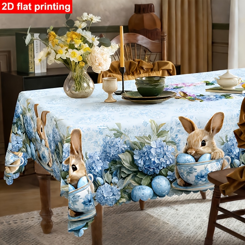 TEMU 1pc Easter Party Tablecloth, Blue And White Decor, Floral And , European Style, Square Or Rectangular, Suitable For Dining Room, Party, Holiday,