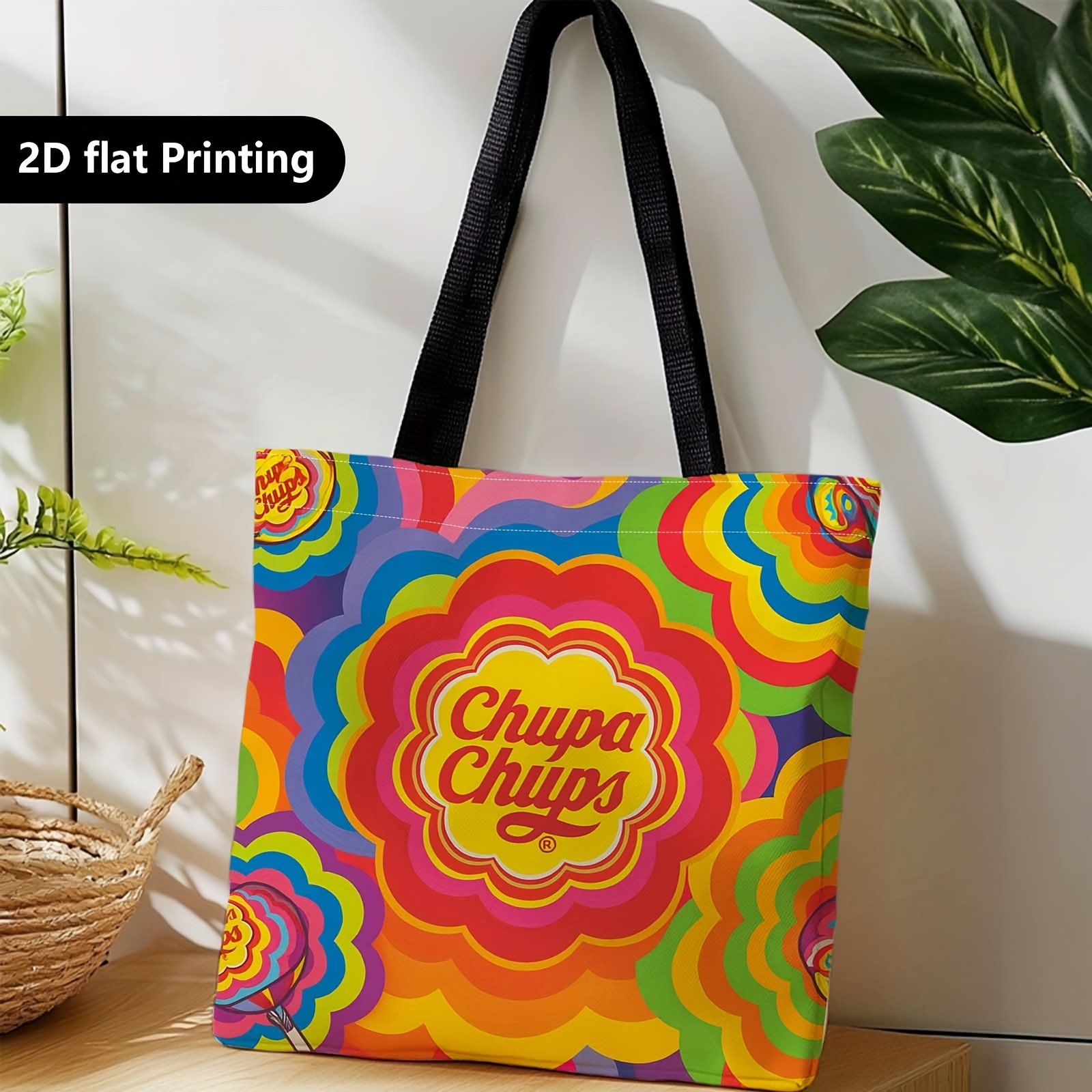 TEMU 1pc Double-sided Printed Shopping Bag, Portable Bag For Shoulder Or Hand Carry, Featuring Colorful Chupa Lollipops, Ideal For Travel, Storing