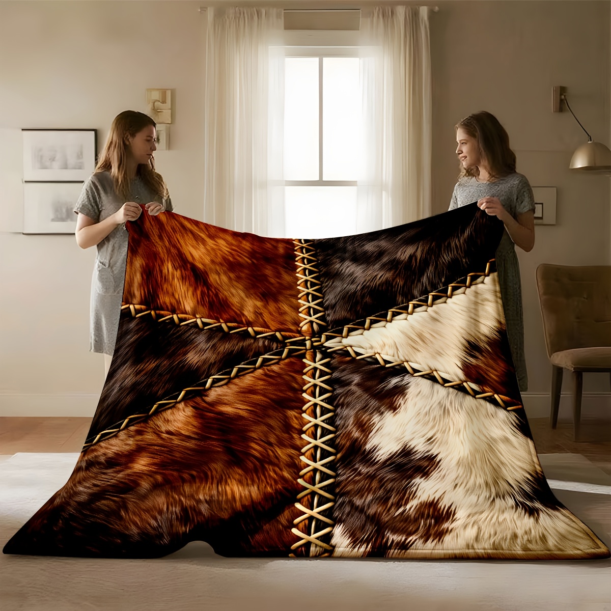 TEMU 1pc Of High-end Geometric Cross- Cowhide (caramel Brown/off-white/dark Brown) Light Luxury Plush Blanket, Sofa Throw, B&b/nordic Style Bed End
