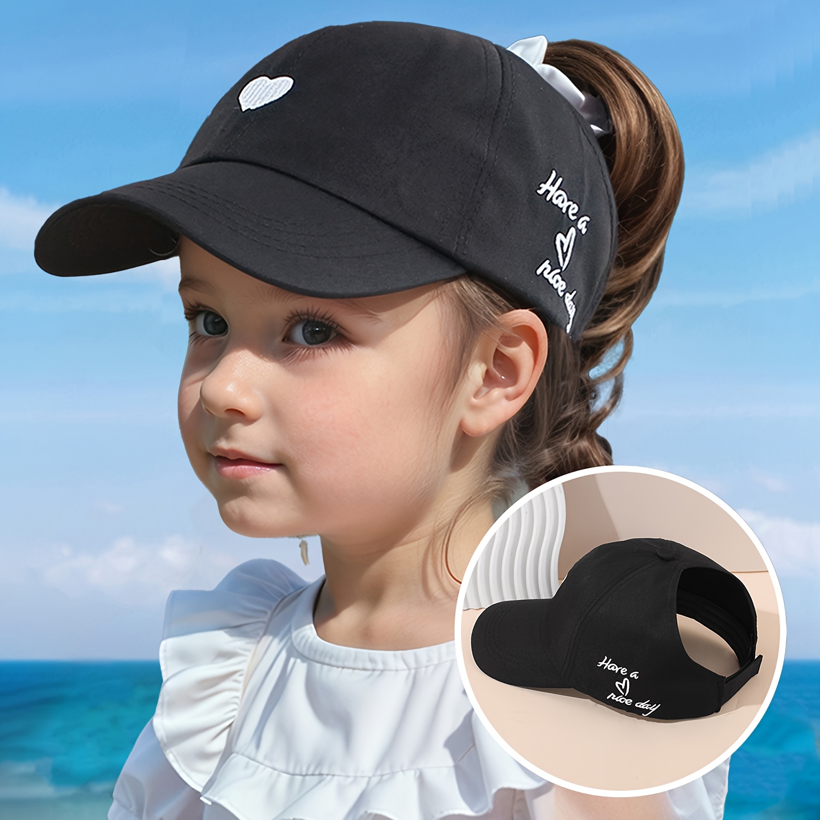 Youngsters' Breathable Baseball Cap with Heart & Letter Design - Adjustable Snapback, Machine Washable, 4-8 Years, Casual Summer Hat for Boys & Girls, Hat for Girls, Outdoor Play Accessory, Playful Youngsters' Style, Durable Youngsters'S Wear
