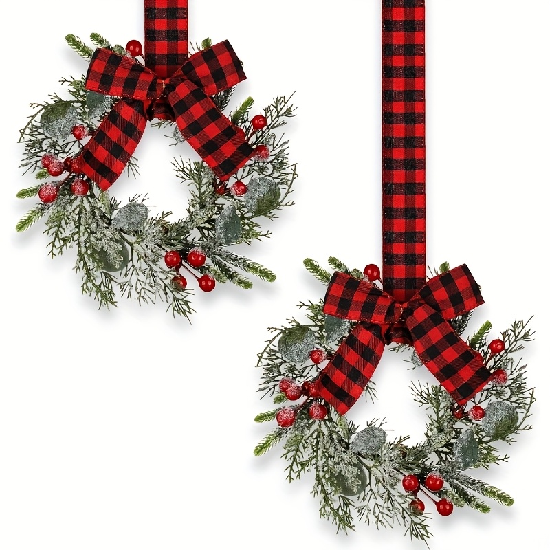 

Mini Christmas Wreath With Red Berries & Black Bow - Kitchen Cabinets, Farmhouse Style Holiday Decor