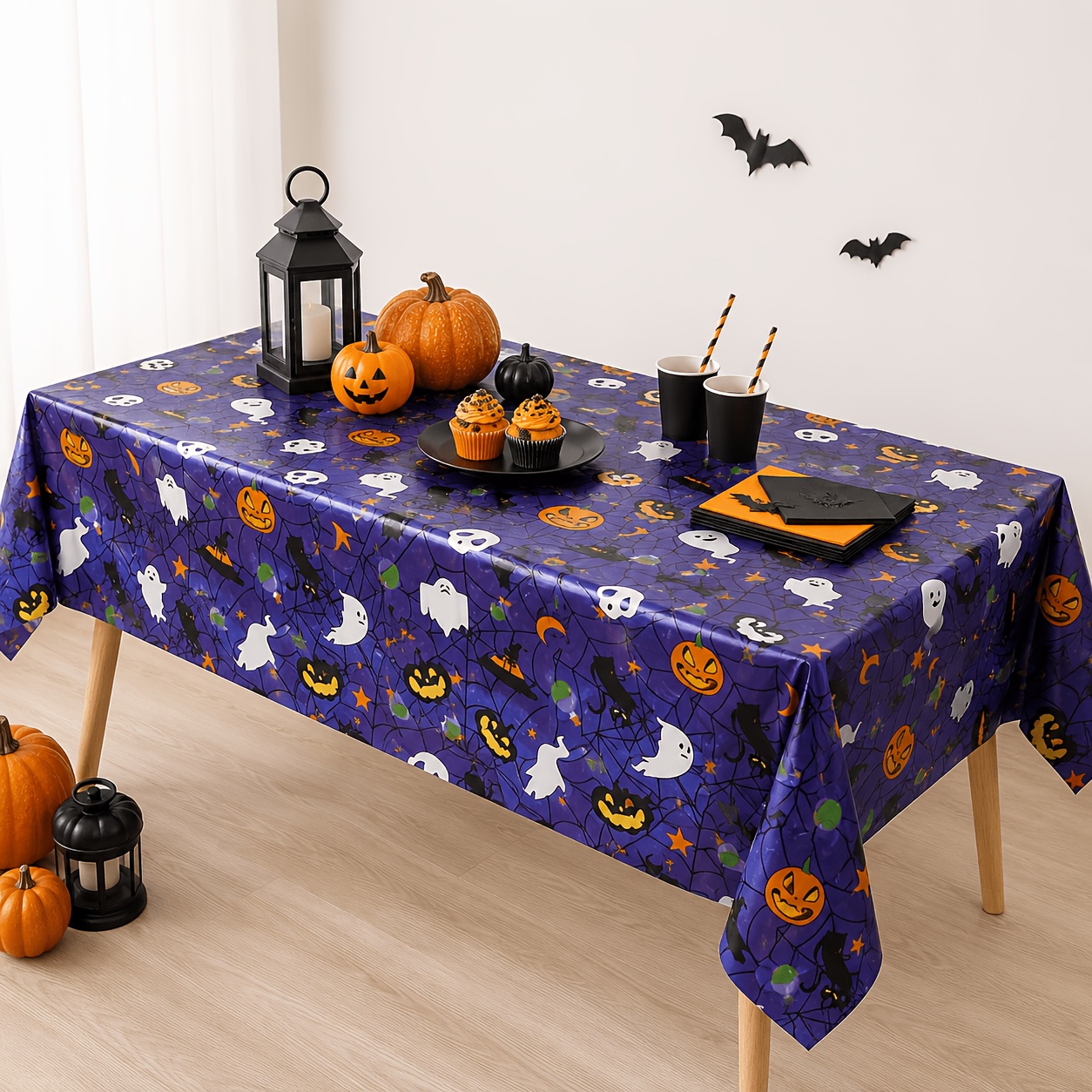 TEMU Halloween Disposable Plastic Tablecloth, Purple Pumpkin Bat Web Pattern Rectangular Tablecloth, Suitable For Halloween Parties, Candy Tables,