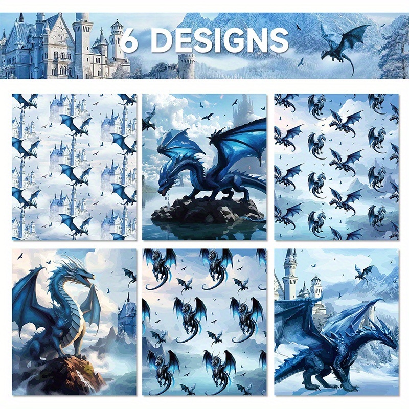 6pcs Of Dragon Wrapping Paper - 50x70cm Each, Castle, Blue Dragon , Suitable For Boys, Teenagers, , Fantasy Fans, Birthday Parties, Bridal Showers And