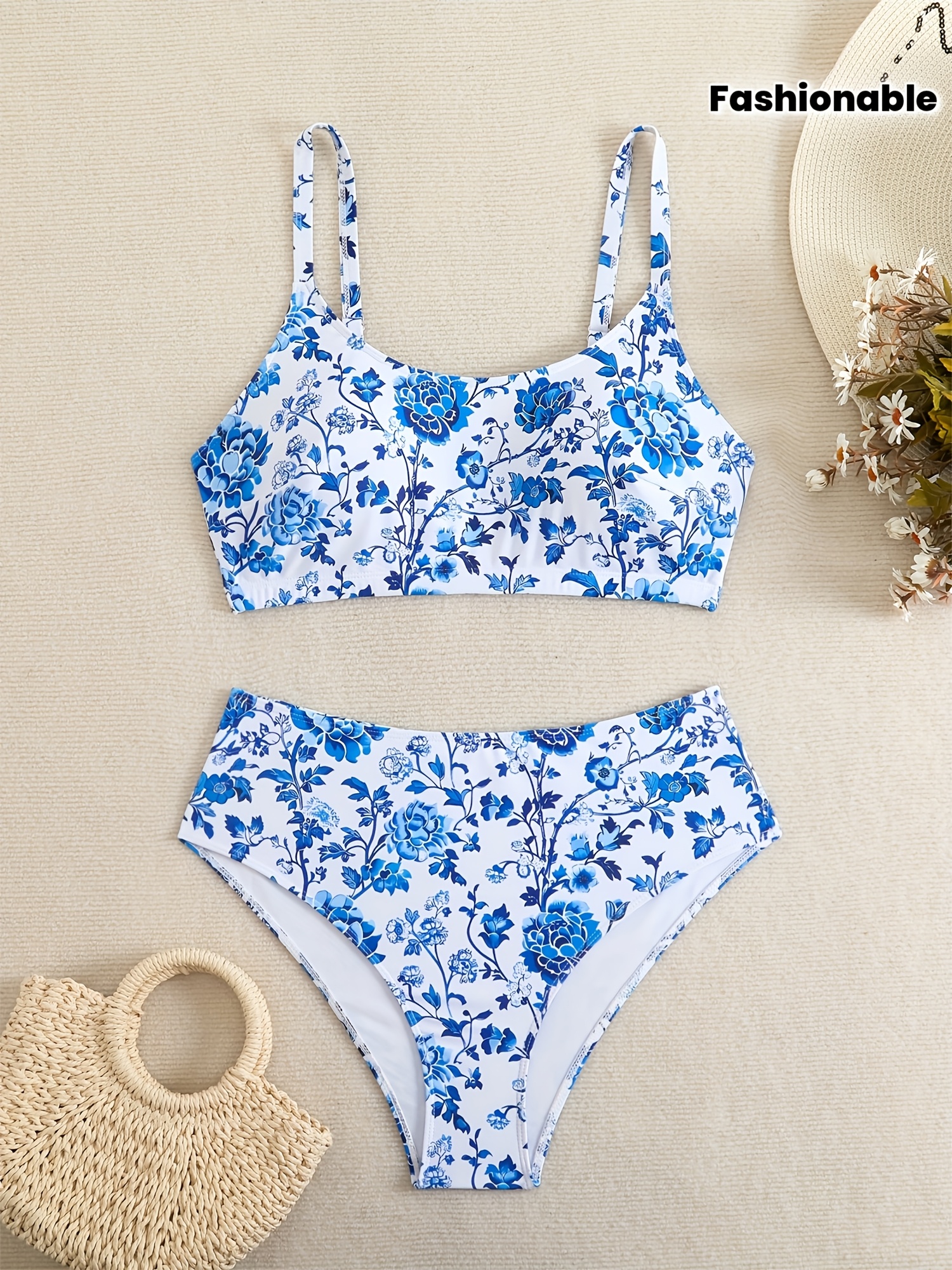 Artikelbild damen bikini in großen größen mit blau-weißem pfingstrosenmuster, zweiteiliger badeanzug mit spaghettiträger und u-ausschnitt, hoher bund, bauchkontrolle, urlaubs-badebekleidung für strand und heiße  