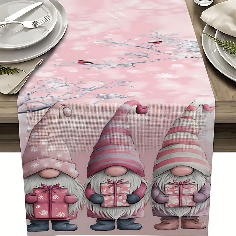 Image of A Christmas Table Runner, Pink Gnome Snowflake Merry Christmas Tablecloth, Seasonal Kitchen Dining Table Decoration, Suitable For Home Party Decoration