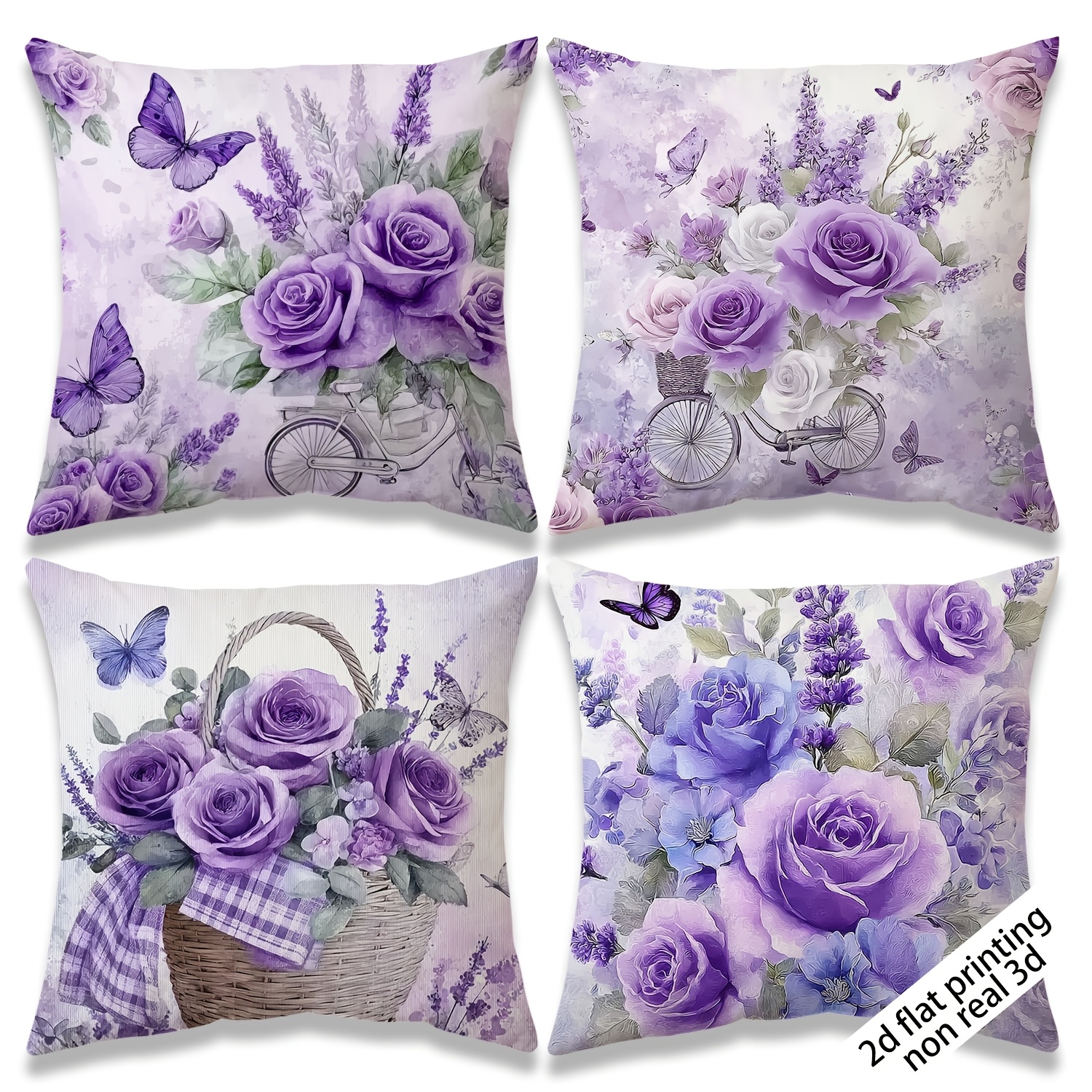 TEMU 2D Plat | Lot de 4 pièces | Housses de Coussin Décoratives à Motif Floral Violet | Design Roses Violettes, Vélo et Panier de Fleurs | 18x18