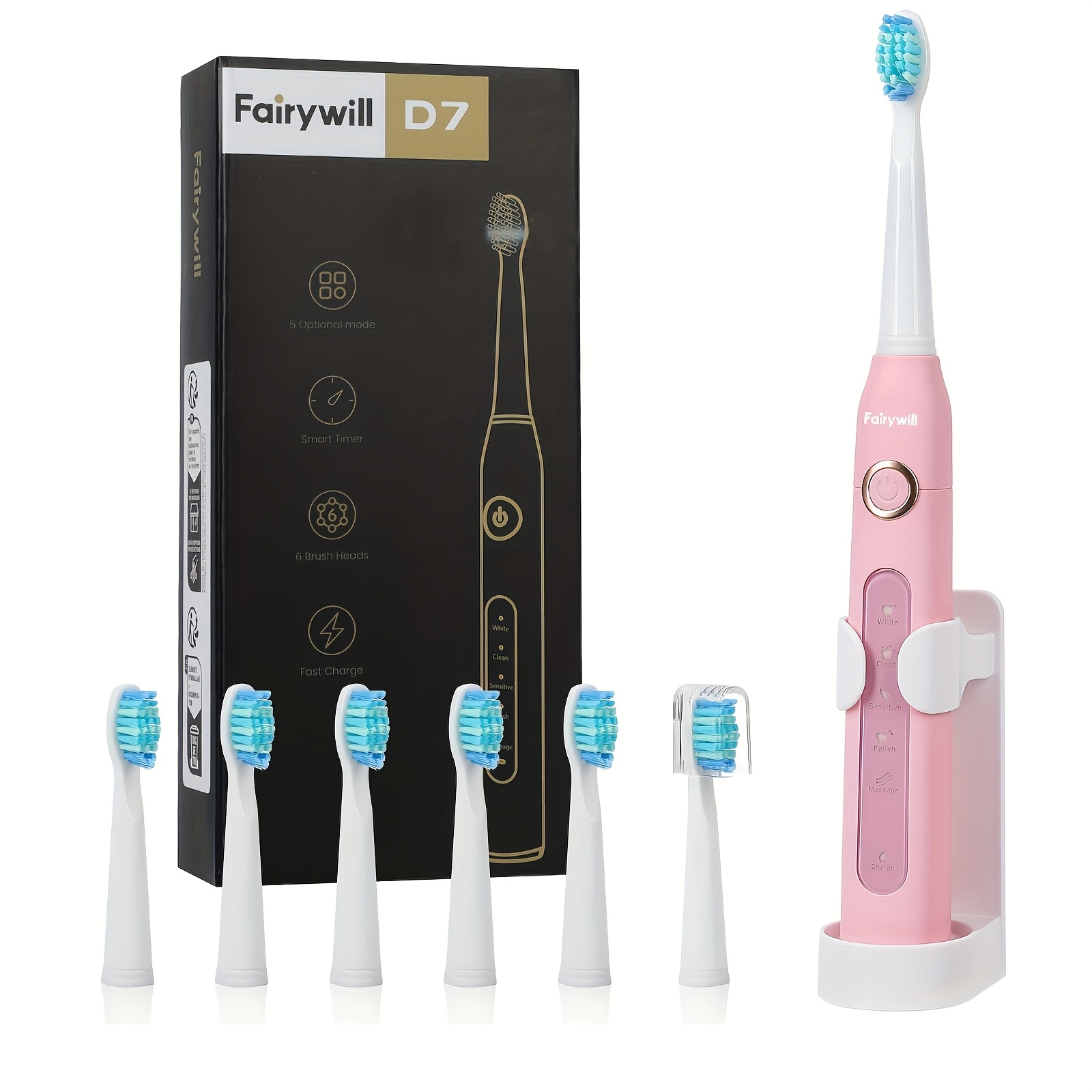 Fairywill Electric Toothbrush 6 Brush Heads With Bracket Usb Rechargeable Tooth Brush 5 For Best Gift Ideal Gift For Men, Father, Grandfather, Family Toothbrush, Adult Electric Toothbrush, Toothbrush