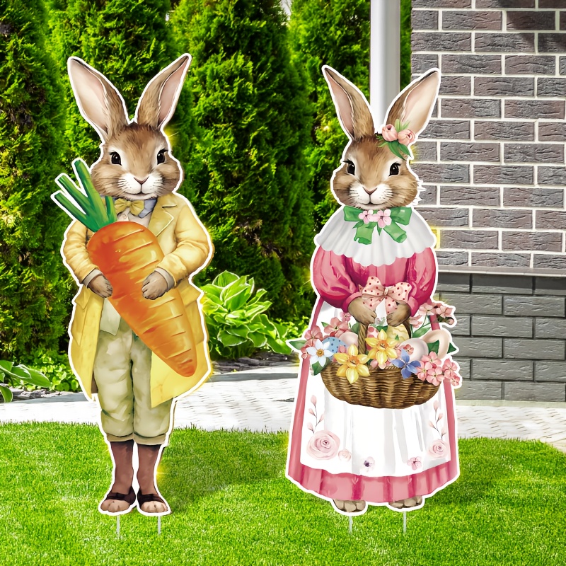 

2pcs Easter Bunny Yard Signs With Wooden Stakes - Waterproof Outdoor Rabbit Decorations For Spring & Easter Garden Parties