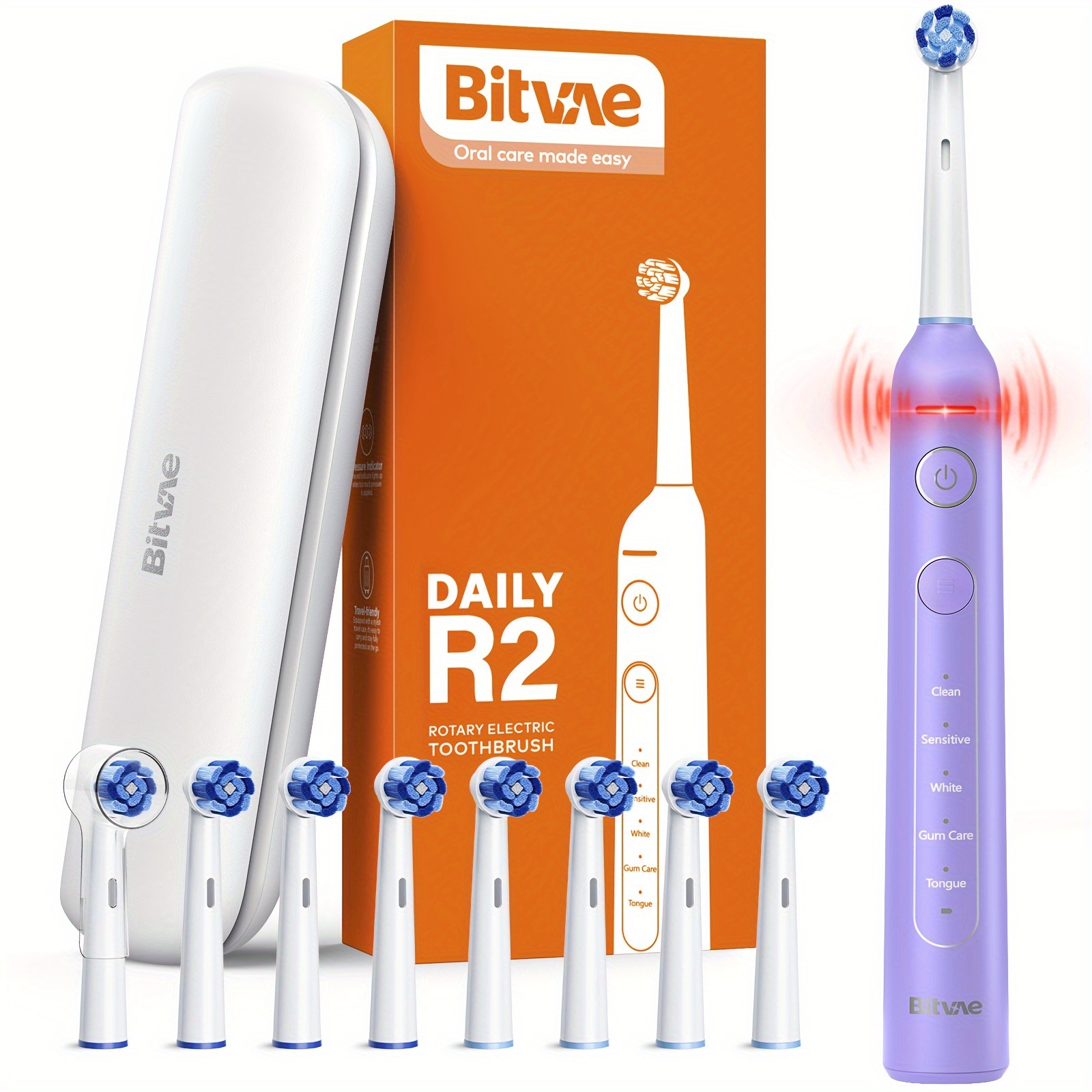 

Bitvae R2 Rotating Electric Toothbrush For Adults With 8 Brush Heads, 5 Modes Rechargeable Power Toothbrush With Pressure Sensor, Purple