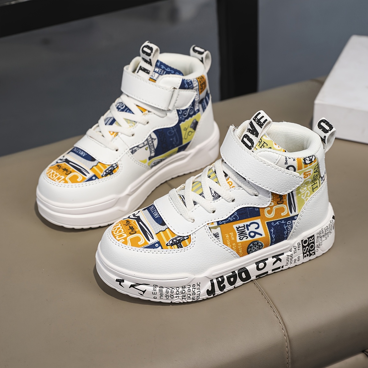 Youngsters' Comfortable Mid-Top Sneakers with Closure, Colorful Random Print Design, Breathable PU/Fabric Upper & EVA Cushioned Sole - All-Season Casual Shoes for Boys & Girls, School, Outdoor Play & Daily Activities, Kid Shoes, School Footwear, Stylish Stitching Details, Fabric Lined Interior
