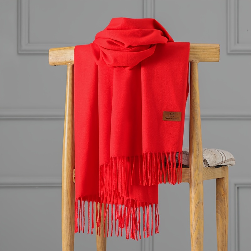 

Plush , Elegant Red Cashmere Scarf For Women - , Warm & Windproof With Tassels | Autumn & Winter