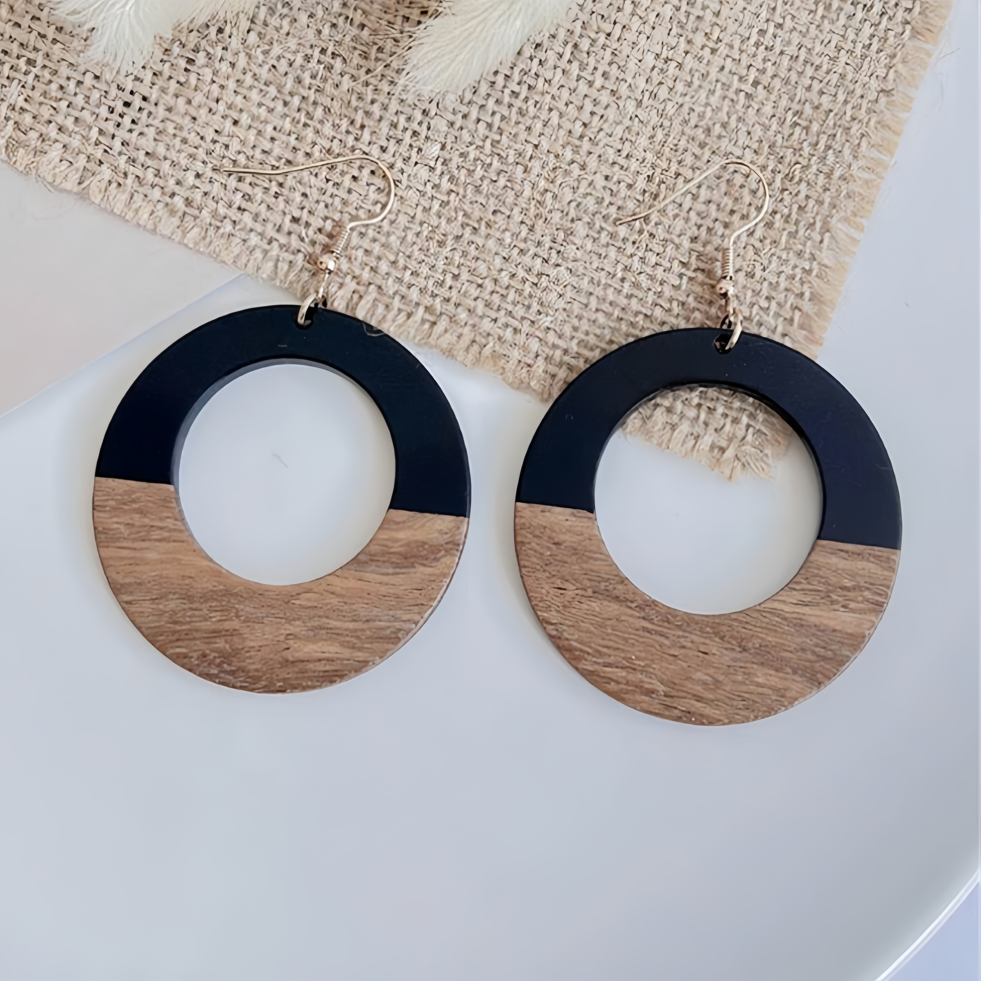 

Elegant Vintage-inspired Geometric Acrylic & Wood Dangle Earrings - Nickel-free Copper Hooks, Unique Texture, Casual Attire &