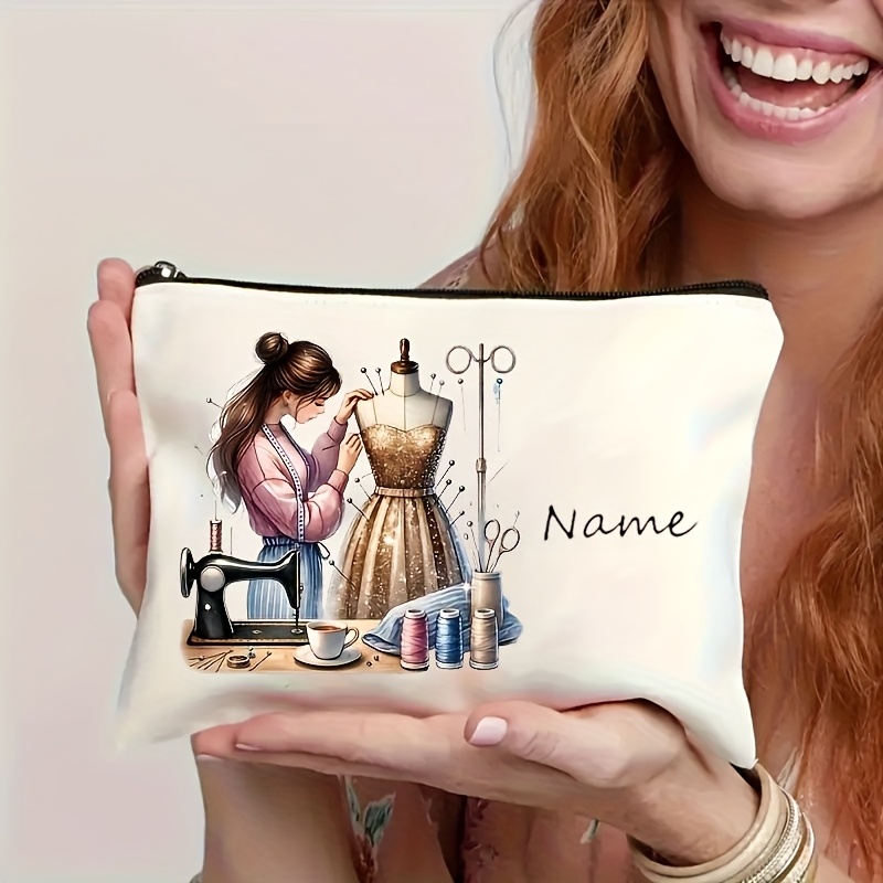 TEMU Bandolera Vintage Personalizable con Temática de Costura - Gran Capacidad, Cierre de Cremallera en Nylon , Diseño Geométrico y Ilustraciones de