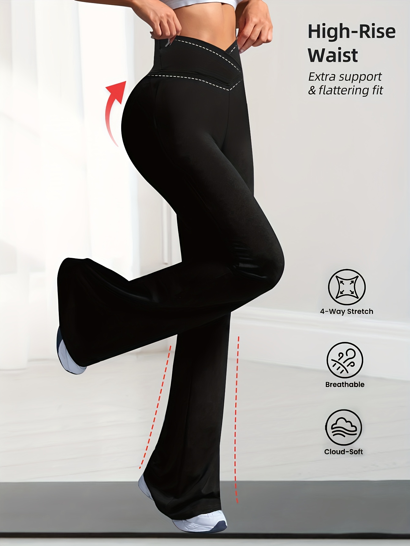1 par de joggers elásticos de   para mujer, pantalones acampanados de cintura     con control de abdomen y diseño no transparente, pantalones largos casuales con cinturón cruzado para    , ropa de mujer