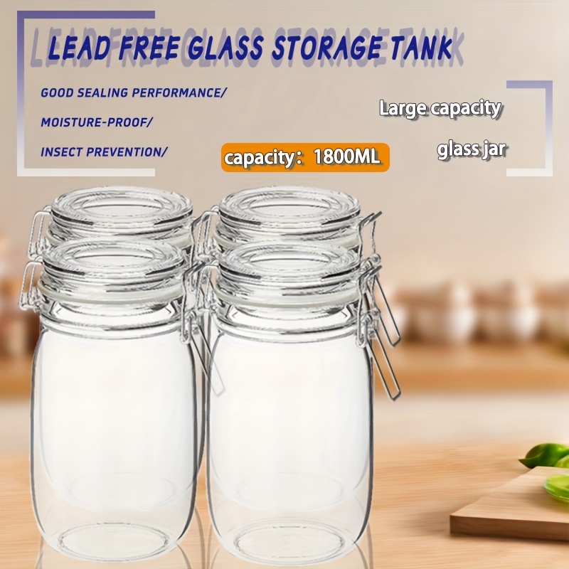 

Glass Food Storage Jar 1.8l*4, Glass Storage Container With Seal Clear Glass Food Jar For Tea, Coffee, Flour, Sugar, Biscuit