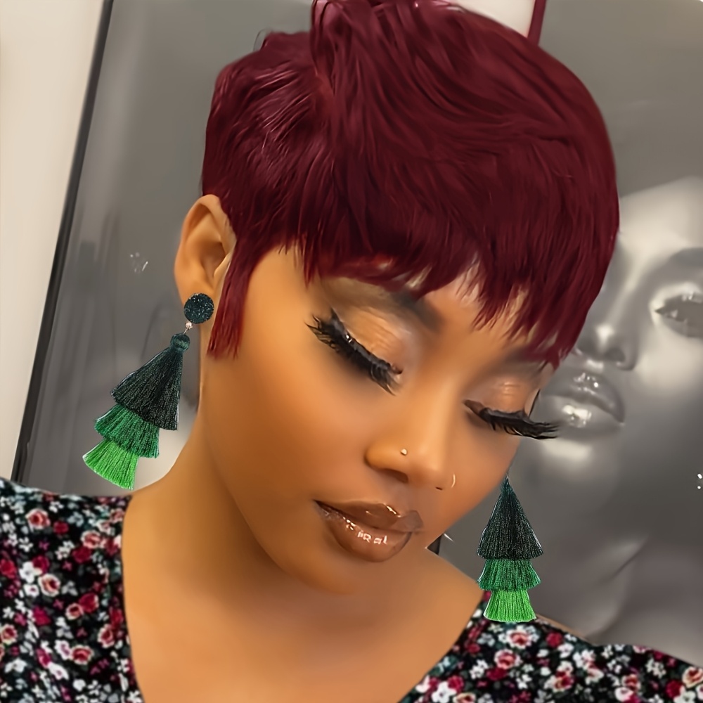 6英寸 burgundy 短直斜切人头发假发，带发辫，适合女性 - 99j 颜色巴西人头发，适合派对和日常使用 商品详情 0