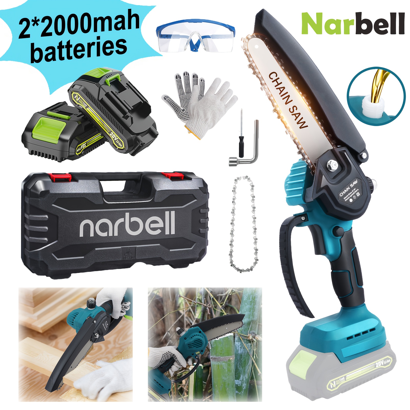 

Narbell 20v Electric Chainsaw, Mini 6-inch Chain Saw, Cordless Chainsaw With 2*2000mah Batteries. Compact And Portable For Cutting Trees, Pruning , Household And Garden