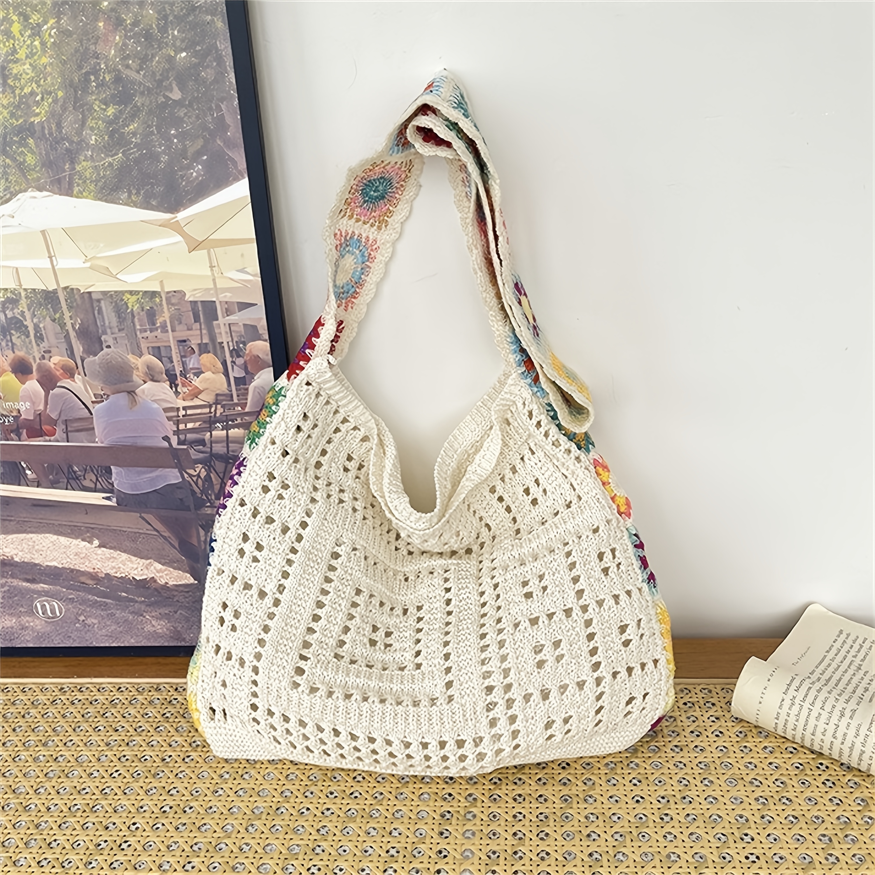 

Sac à épaule tricoté pour femme, sac fourre-tout en crochet, sac à main tendance, sac de plage d'été