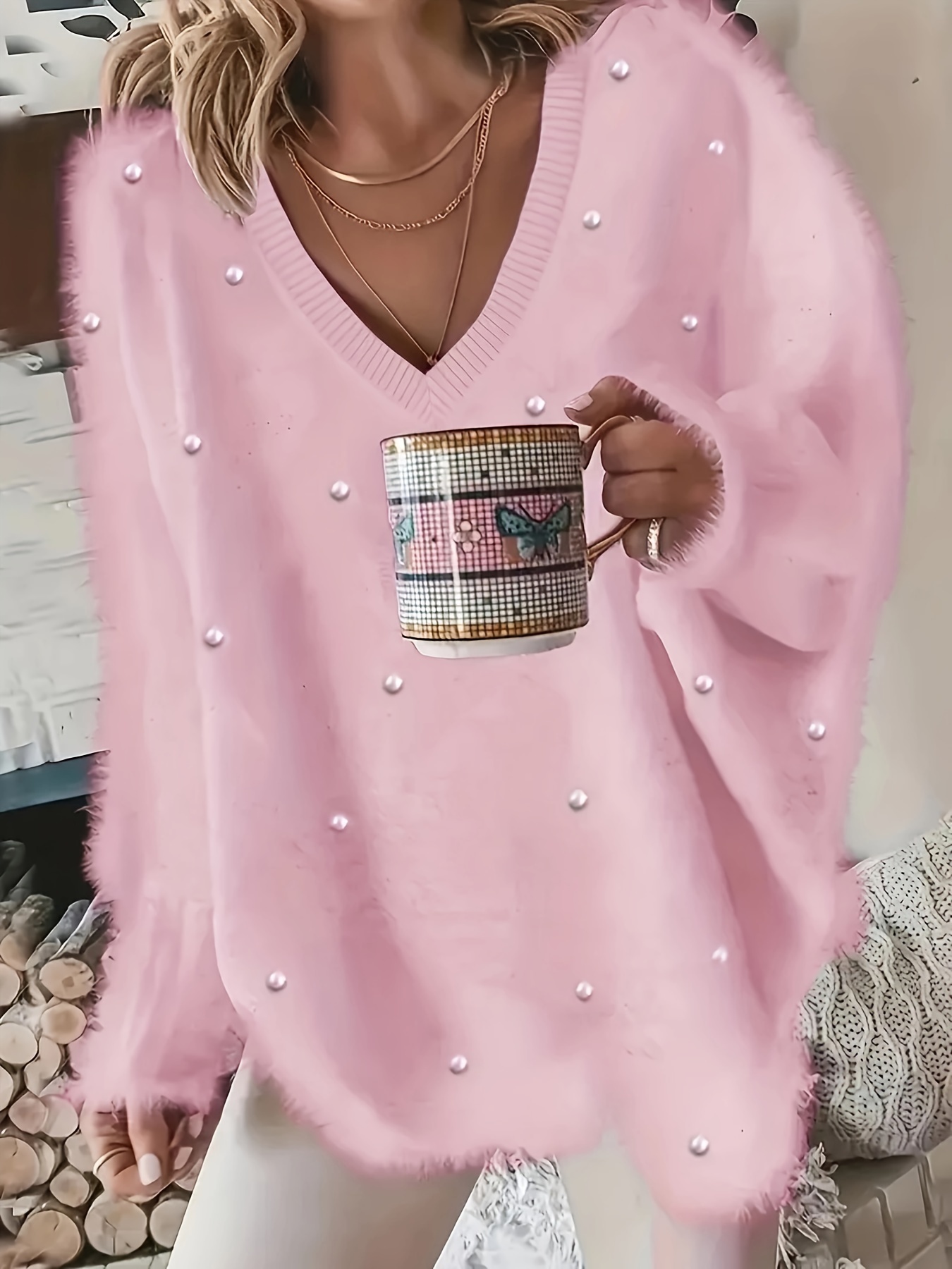 Pink Plus Size Pearl Sweater Pearl Jumper Dress Online