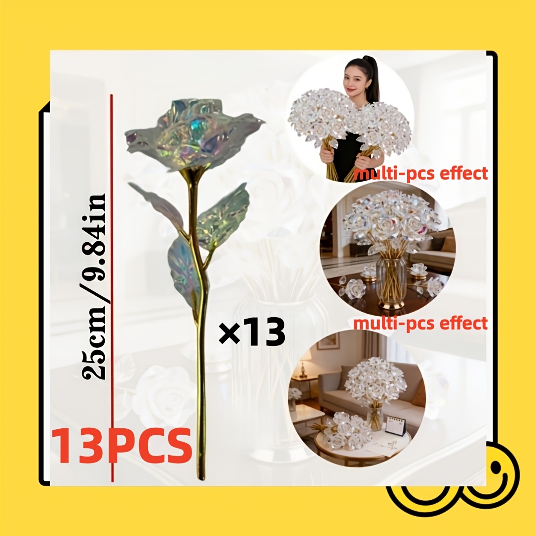 TEMU 13pcs Set Of Eternal Crystal Roses, Artificial Crystal Flowers, Realistic Rose Bouquet. Suitable For Weddings, Mother's Day, Easter, Anniversary