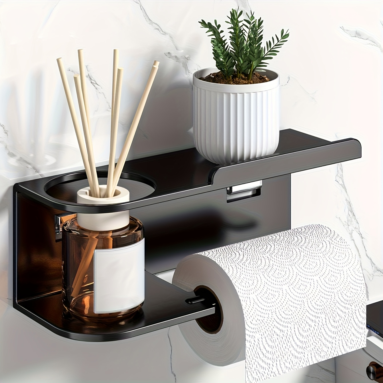 Ldq Modern Black Self-adhesive Wall-mounted Tissue Holder & Perfume Organizer - Space- No Drill Installation, Sleek Storage Shelf For