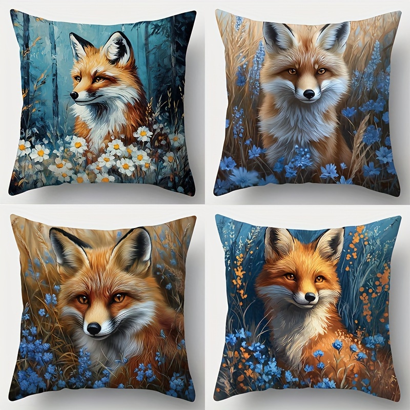 

Contemporary Fox Themed Throw Pillow Covers Set Of 4, Polyester Fox Print Cushion Cases With Zipper Closure, Hand Washable Woven Decorative Pillowcases For Living Room - Blue And Brown