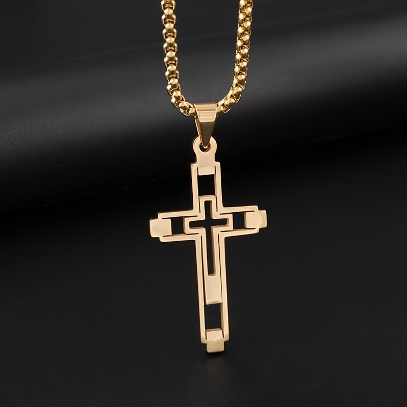 Image of 1pc Fashion Simple 304 Stainless Steel Men's Hollow Religious Cross Pendant Necklace Trendy Casual Amulet Jewelry Gift