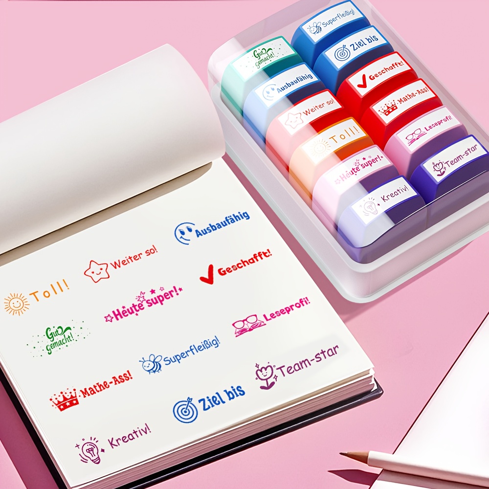 Image of A Set Of 12 German Teacher Encouragement Stamps, Automatic Ink-filled Color Classroom Stamps - Used For Classroom Homework Correction, An Incentive Tool, A Must-have For Teachers