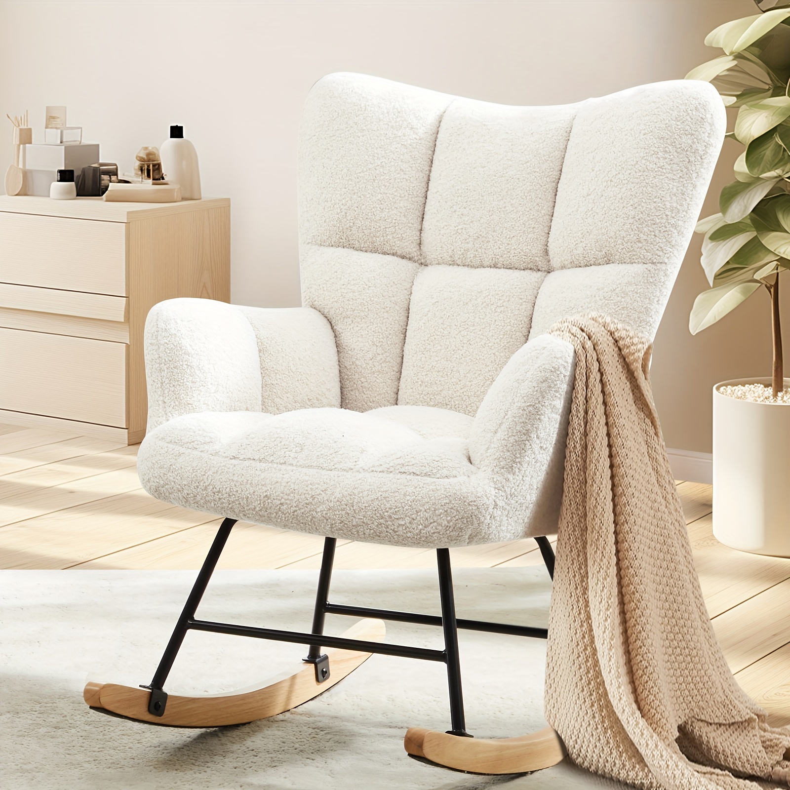 

1pc Plush Teddy Fabric Rocking Chair With High Backrest, Modern Metal & Wood Glider Rocker Chair, Comfortable Upholstered Recliner Reading Chair For Living Room, Bedroom - Beige