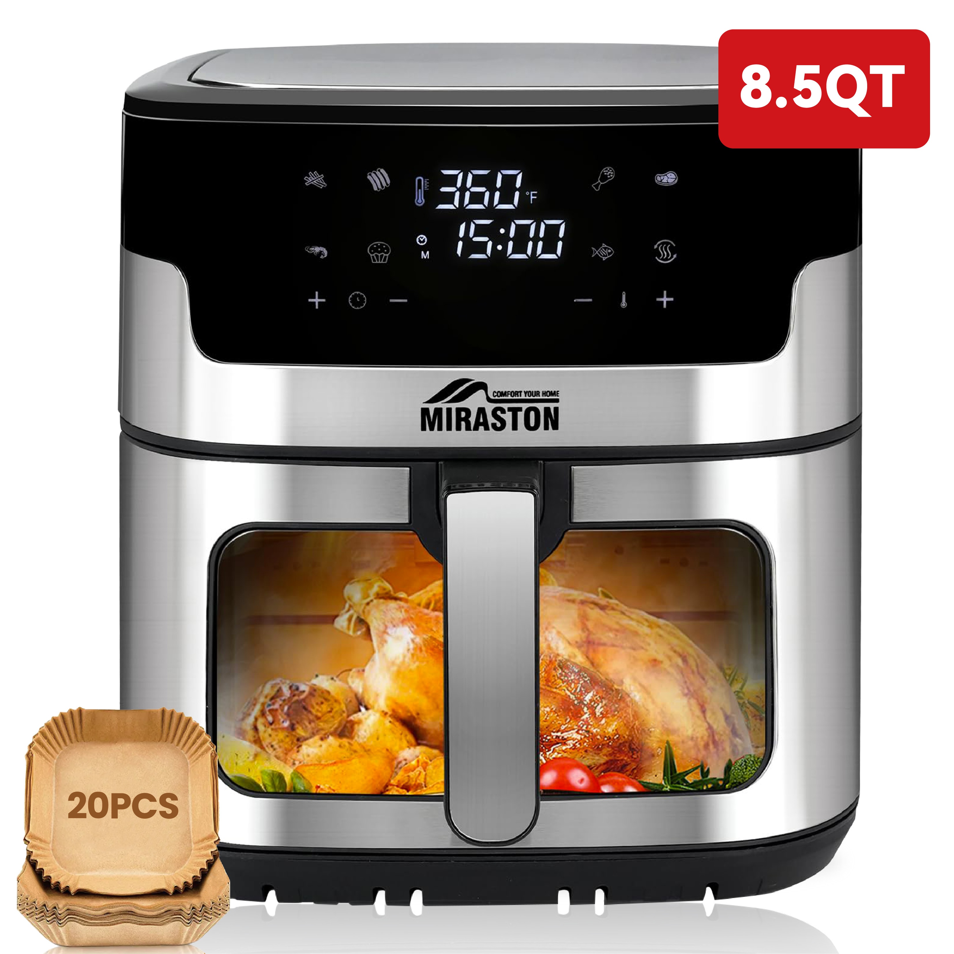 TEMU Friteuse à air MIRASTON tactile 8,5 QT, friteuse à air améliorée 8L 8-en-1 avec panier, écran tactile numérique avec 8 préréglages, faites , ,