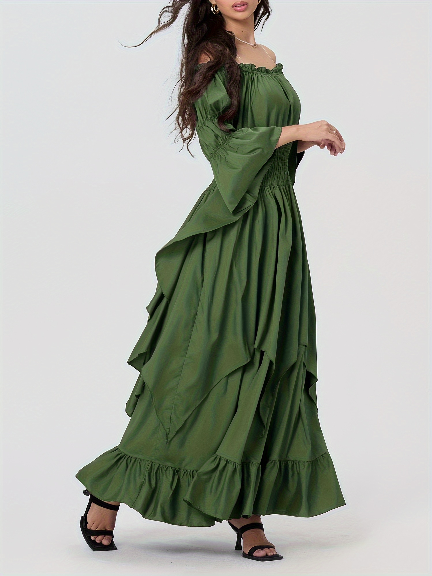 sachin and babi light blue dress 1pc Women'S Off-Shoulder Long Sleeve Medieval Renaissance Halloween Dress,  Casual Polyester Victorian Costume with Smocked Waist and Flared Sleeves