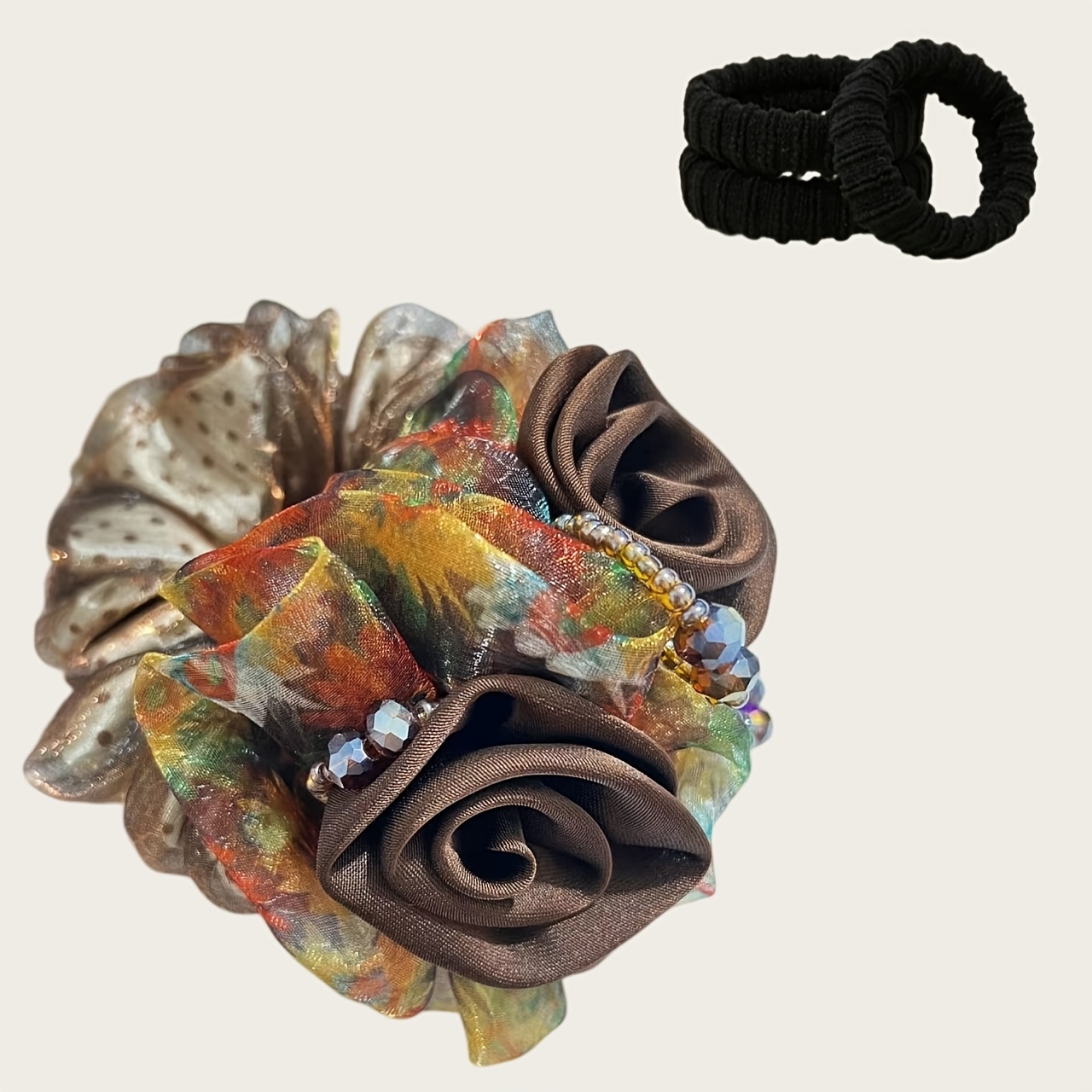 TEMU 4pcs Set (1pc Large Organza Rose Flower Big Hair Tie And 3pcs Black Anti-slip Hair Ties), Beaded Rose Decor Ponytail Hair Rope, Elegant Fabric