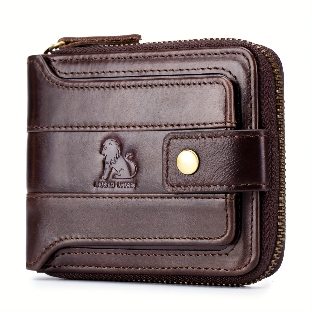 

2024 New Men's Zipper Money Baotou Layer Cowhide Men's Short Leather Simple Card Purse Multi-function Card Purse