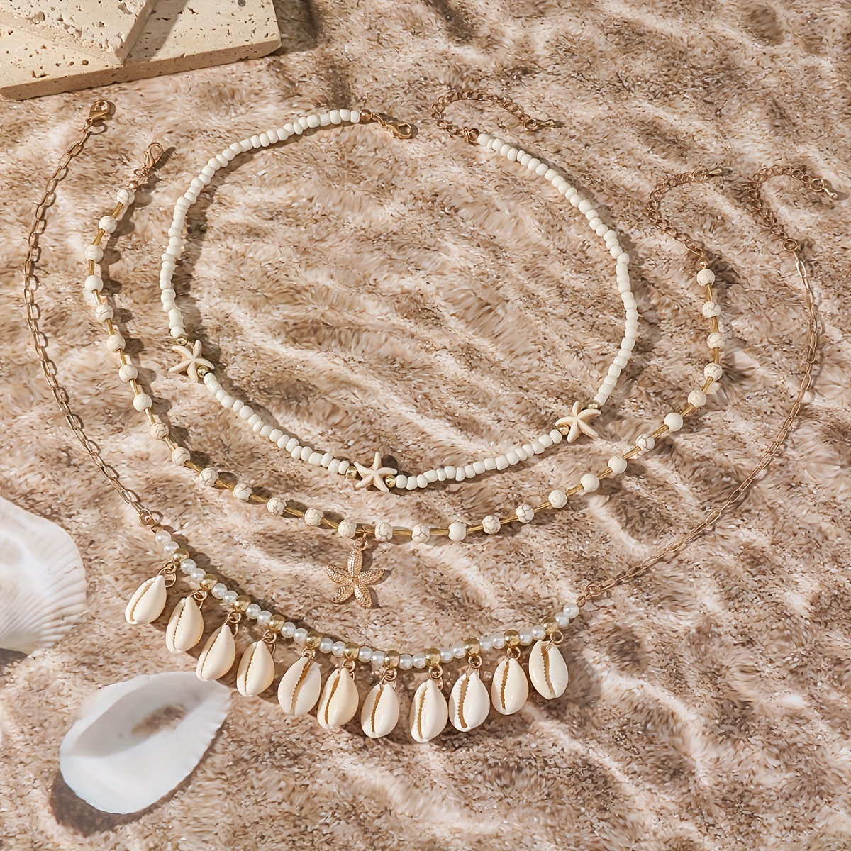 Bohemian Ocean Beaded Necklace Set with Shell Chain