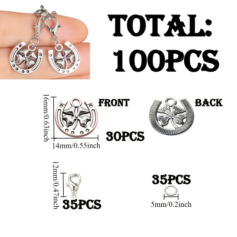 E-shop 100 Stück Retro Hufeisen Vierblatt Schlüsselanhänger Set, Das Set enthält Hufeisen Vierblatt 30 Stück, Karabinerverschluss 35 Stück,