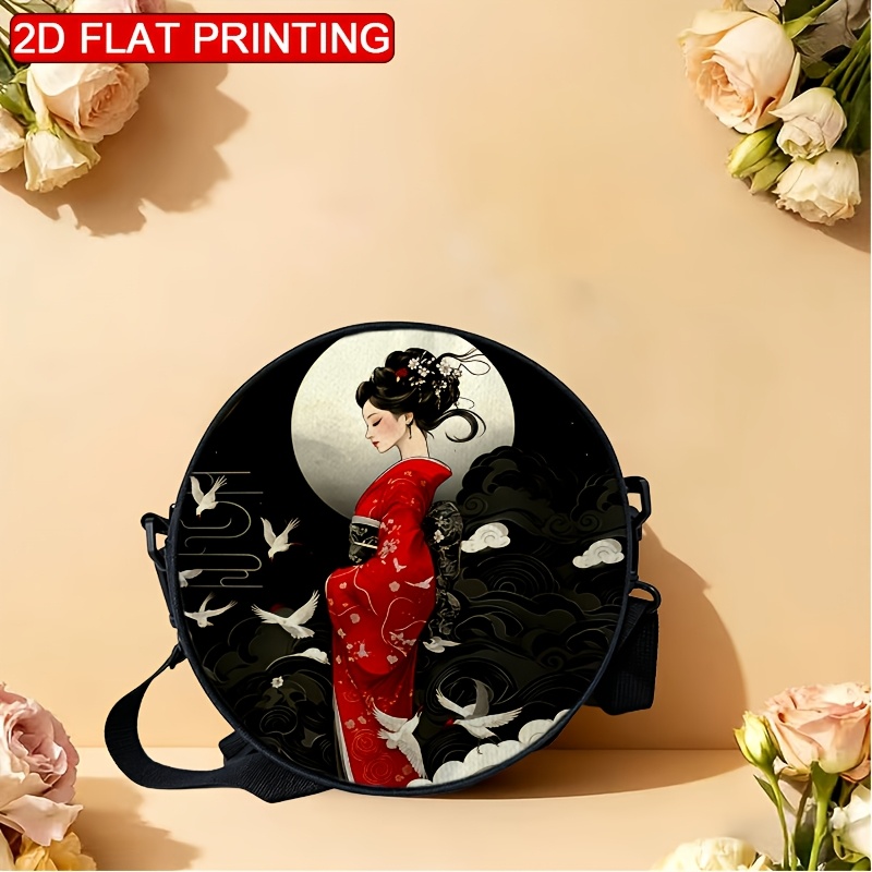 TEMU 1 Sac à bandoulière pour femme, kimono rouge et grue, illustration japonaise, impression 2D, bandoulière réglable, fermeture à glissière, style