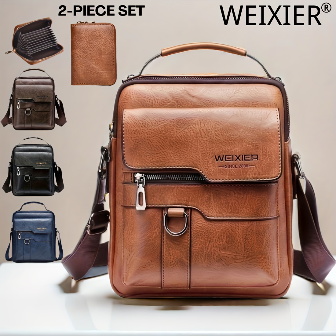 

Weixier 2pcs Men's Shoulder Bag Set, Retro , Casual Crossbody Bag With Multi-card Wallet, Vertical Portable Design For